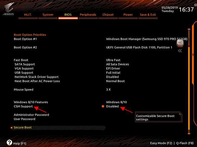 Шаги по отключению Secure Boot в BIOS