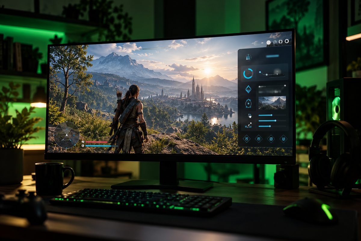 Игра на мониторе с панелью оверлея NVIDIA в углу экрана