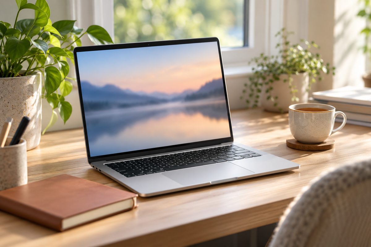 Ноутбук с Windows 10 на рабочем столе у окна