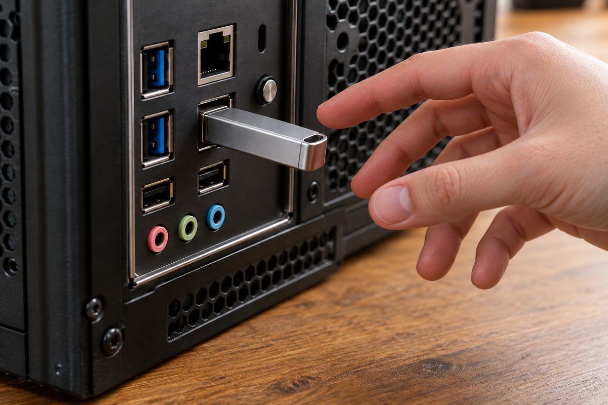 Флешка в USB-порту на задней панели материнской платы перед обновлением BIOS
