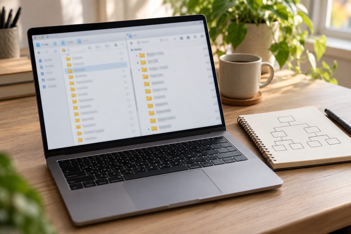 Ноутбук с открытым проводником и схема системных папок Windows в блокноте