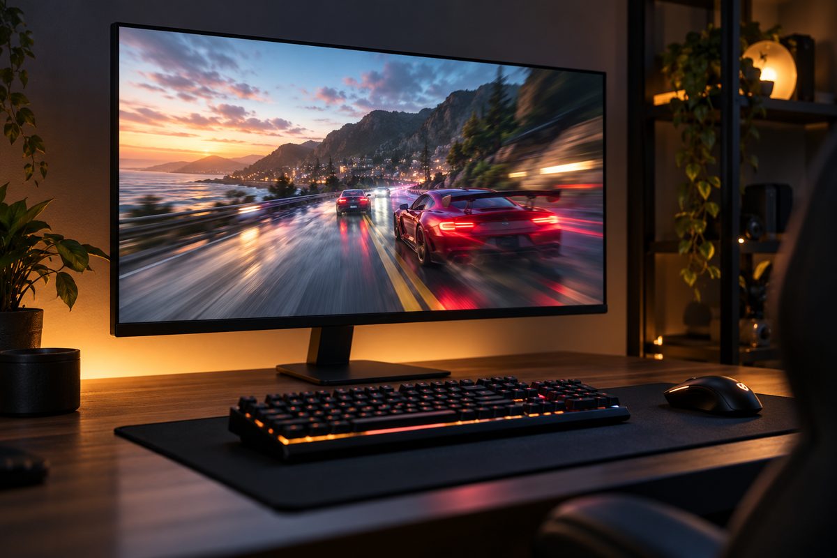 Монитор с высокой частотой обновления и игровой сценой на экране