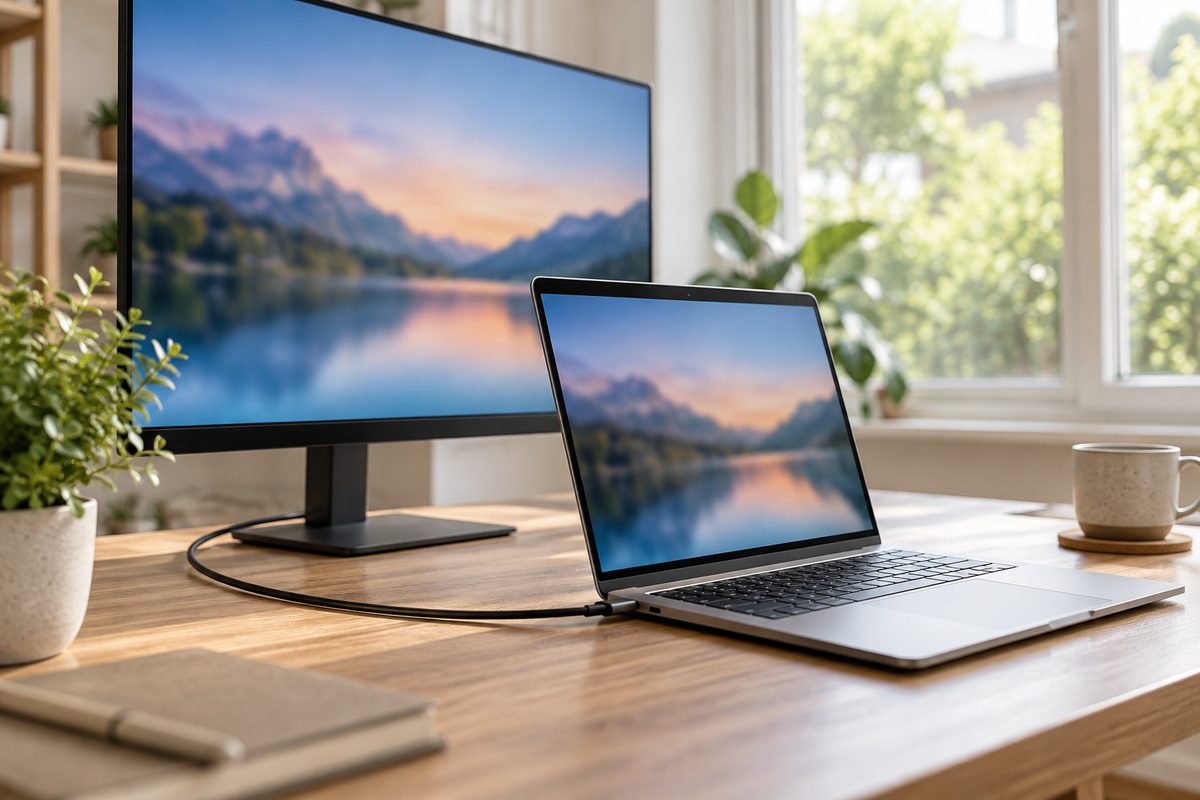 Ноутбук подключён к внешнему монитору кабелем USB-C