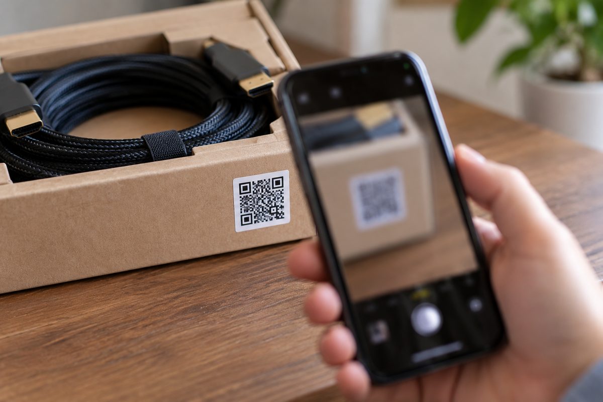 Проверка наклейки с QR-кодом на упаковке кабеля HDMI