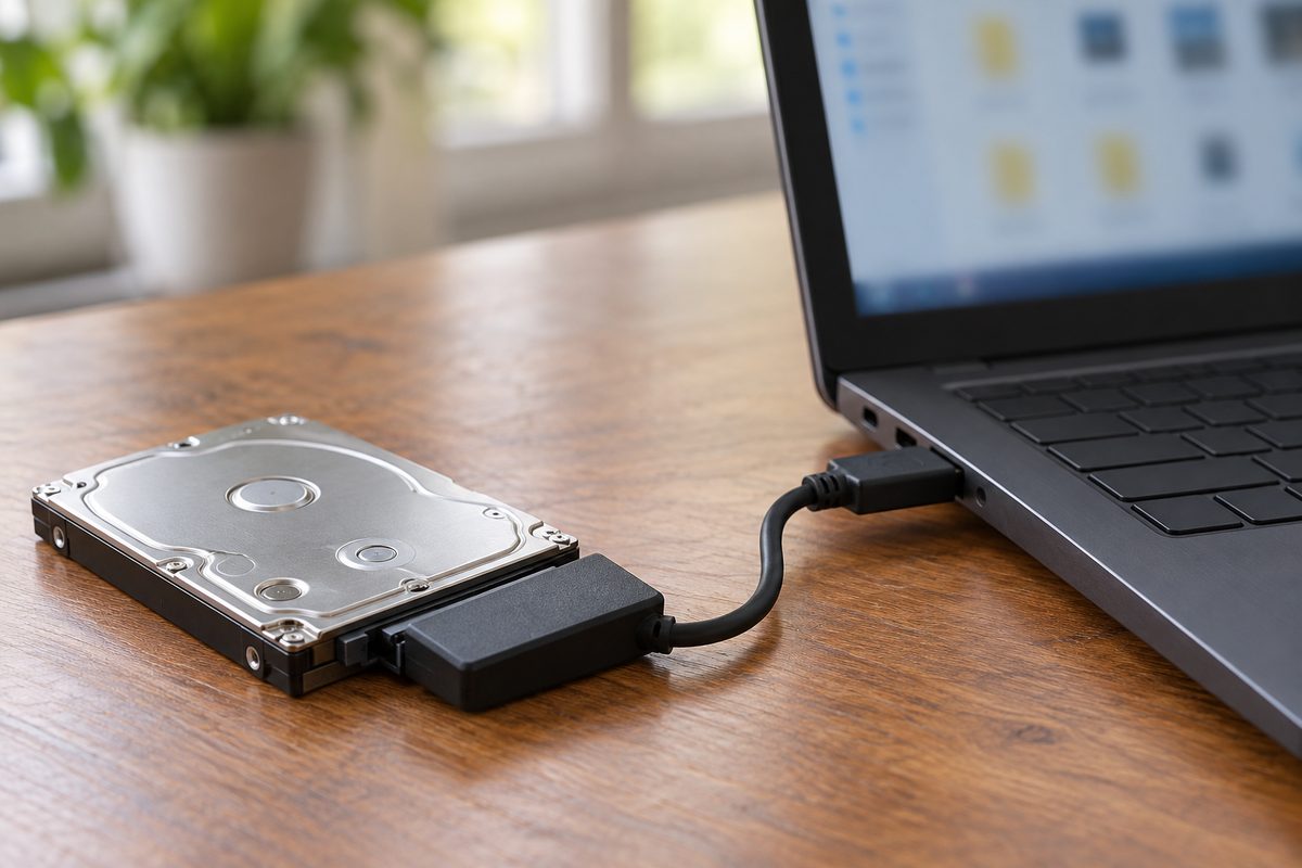Жёсткий диск 2,5 дюйма подключён к ноутбуку через переходник USB-SATA