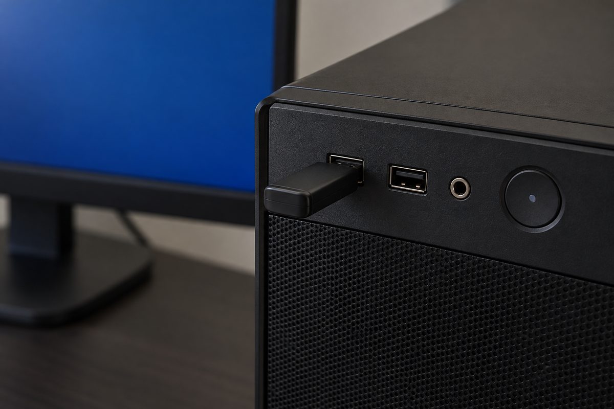Установочная флешка вставлена в USB-порт на передней панели системного блока