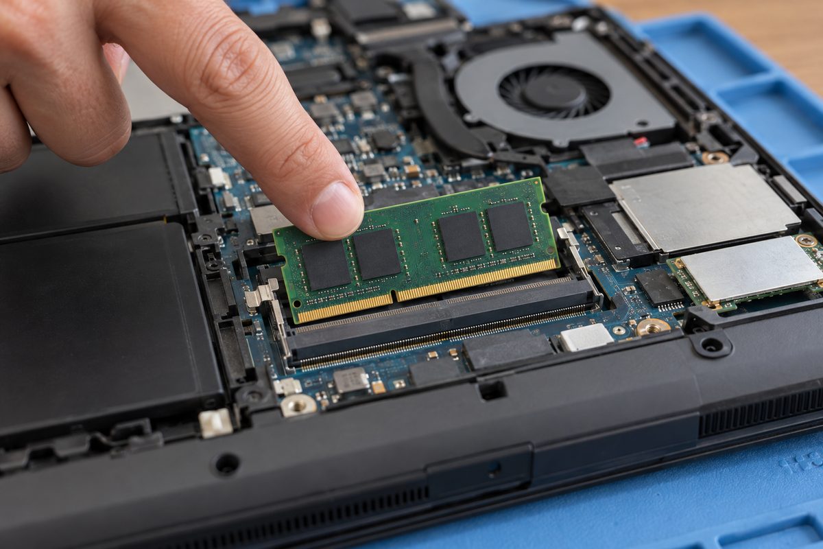 Модуль SO-DIMM вставлен под углом в слот открытого ноутбука