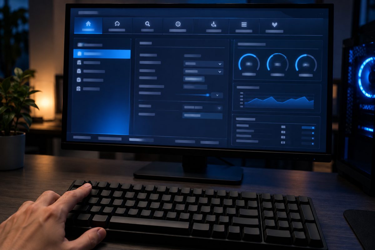 Монитор с экраном настроек UEFI BIOS и клавиатура на столе, надписи на экране размыты