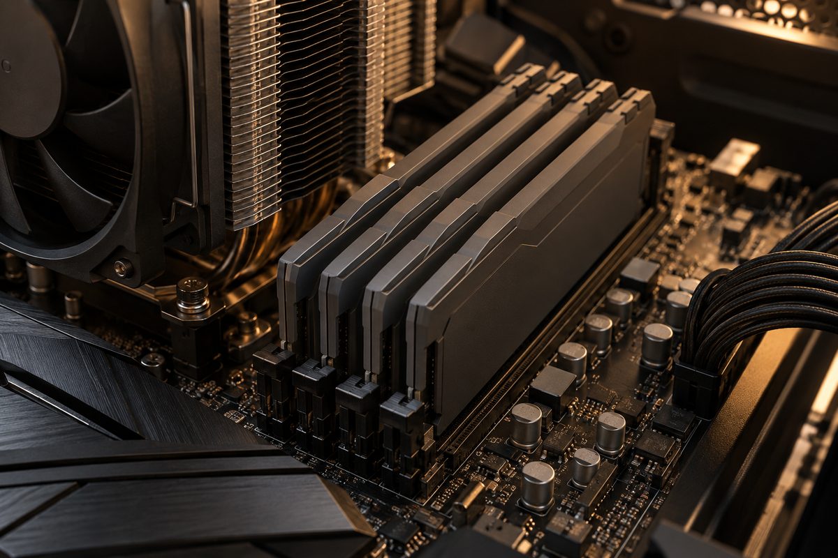 Четыре модуля оперативной памяти DDR5 во всех слотах материнской платы