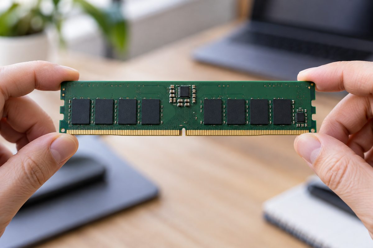 Модуль памяти DDR5 в руке, крупным планом микросхемы на плате модуля