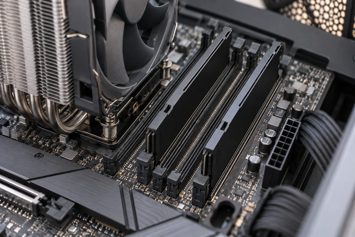 Два модуля оперативной памяти DDR5 в слотах материнской платы рядом с процессорным кулером