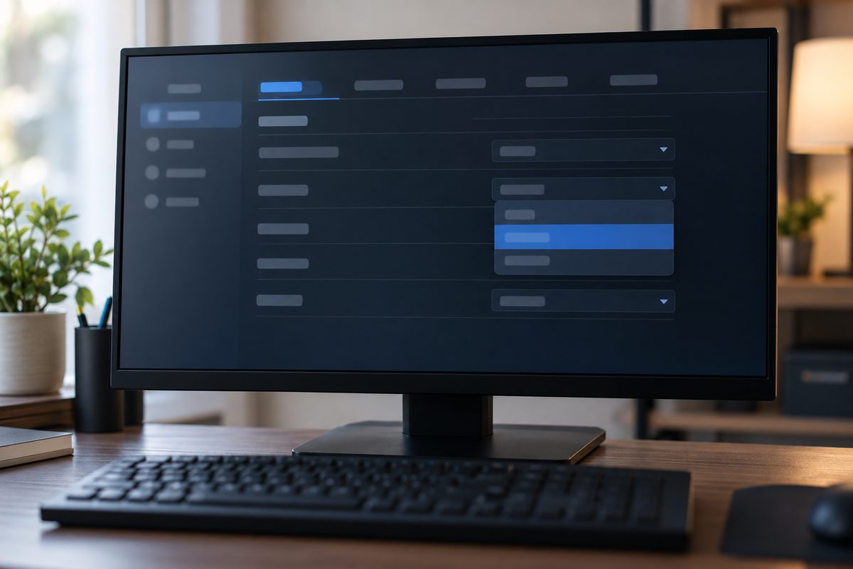 Монитор с экраном настроек BIOS и раскрытым списком профилей памяти, перед ним клавиатура