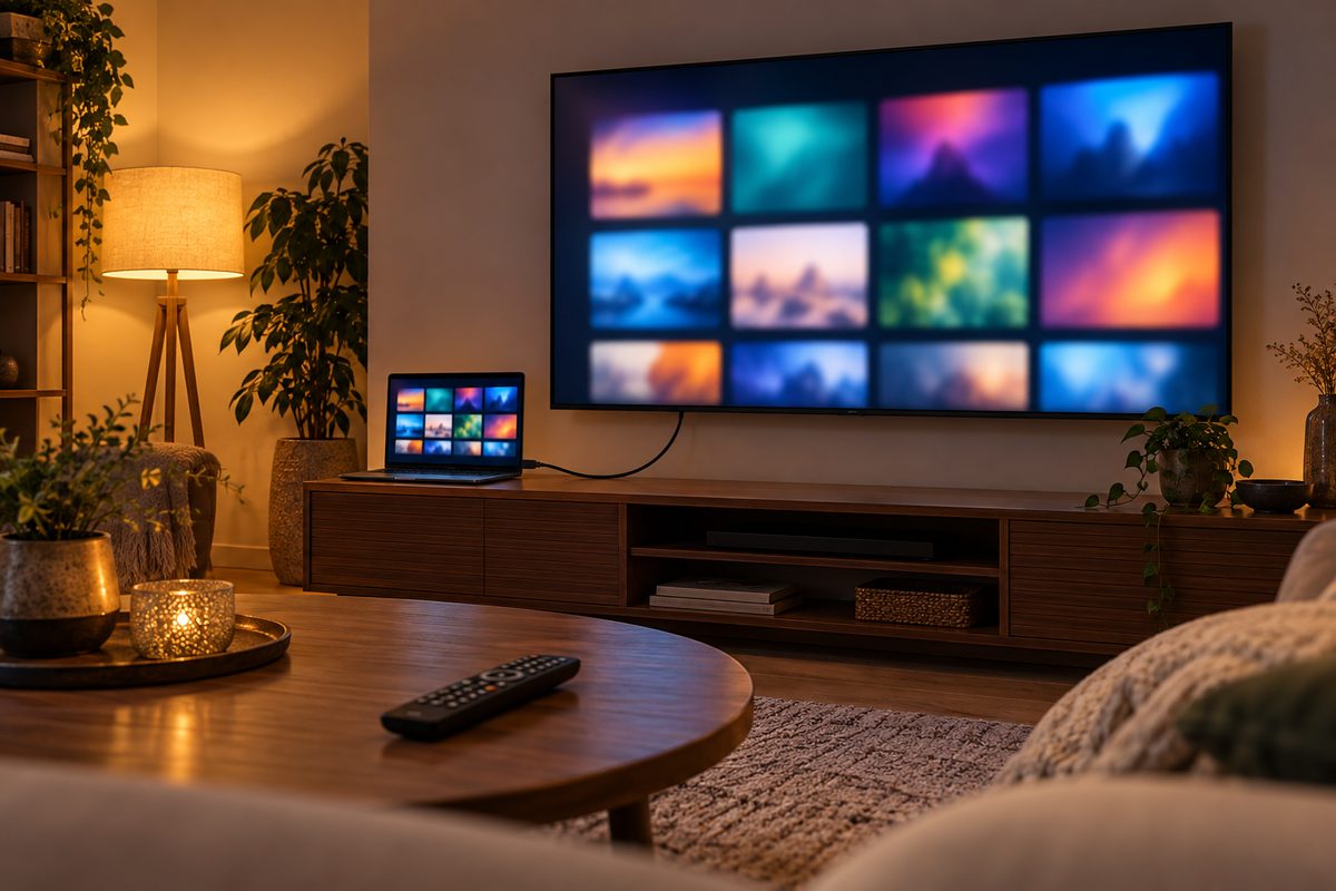 Ноутбук подключён к телевизору кабелем HDMI, на телевизоре плитки медиатеки