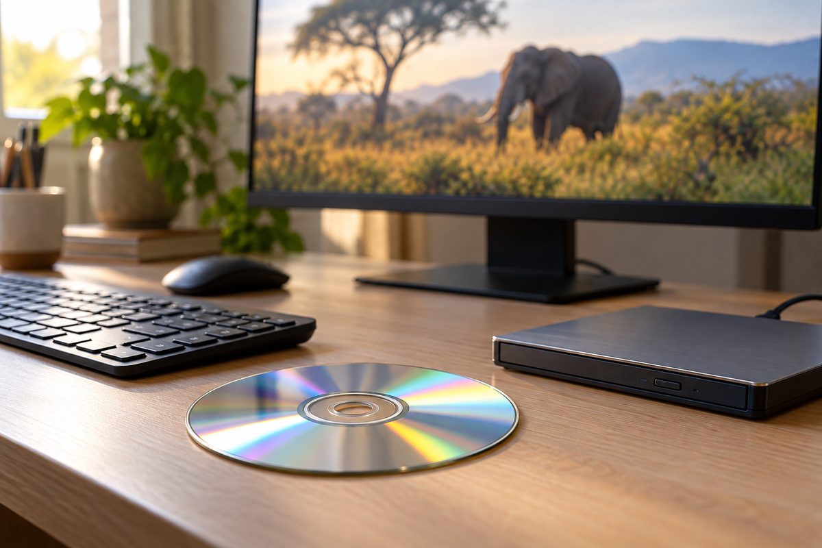 Монитор с фильмом и DVD-диск рядом с клавиатурой