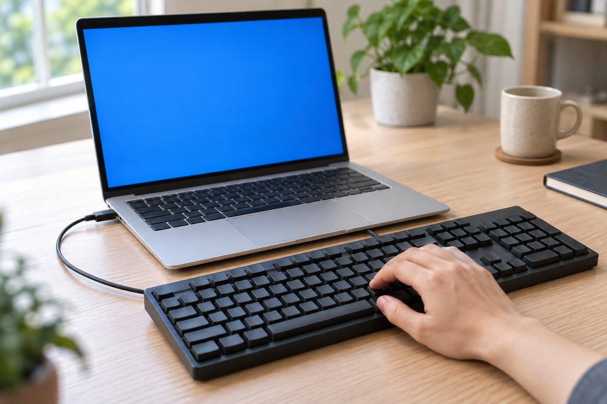 Ноутбук с подключённой внешней USB-клавиатурой на столе