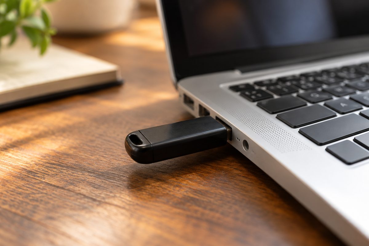 Флешка вставлена в USB-порт ноутбука крупным планом