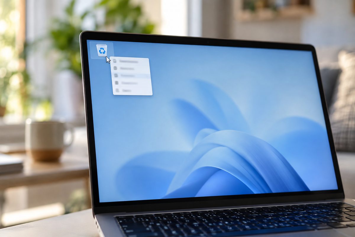 Курсор мыши над значком корзины на рабочем столе Windows 11, рядом открыто контекстное меню