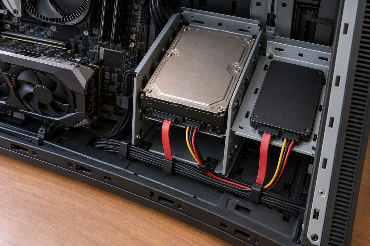 Системный блок с установленным SATA SSD рядом с жёстким диском