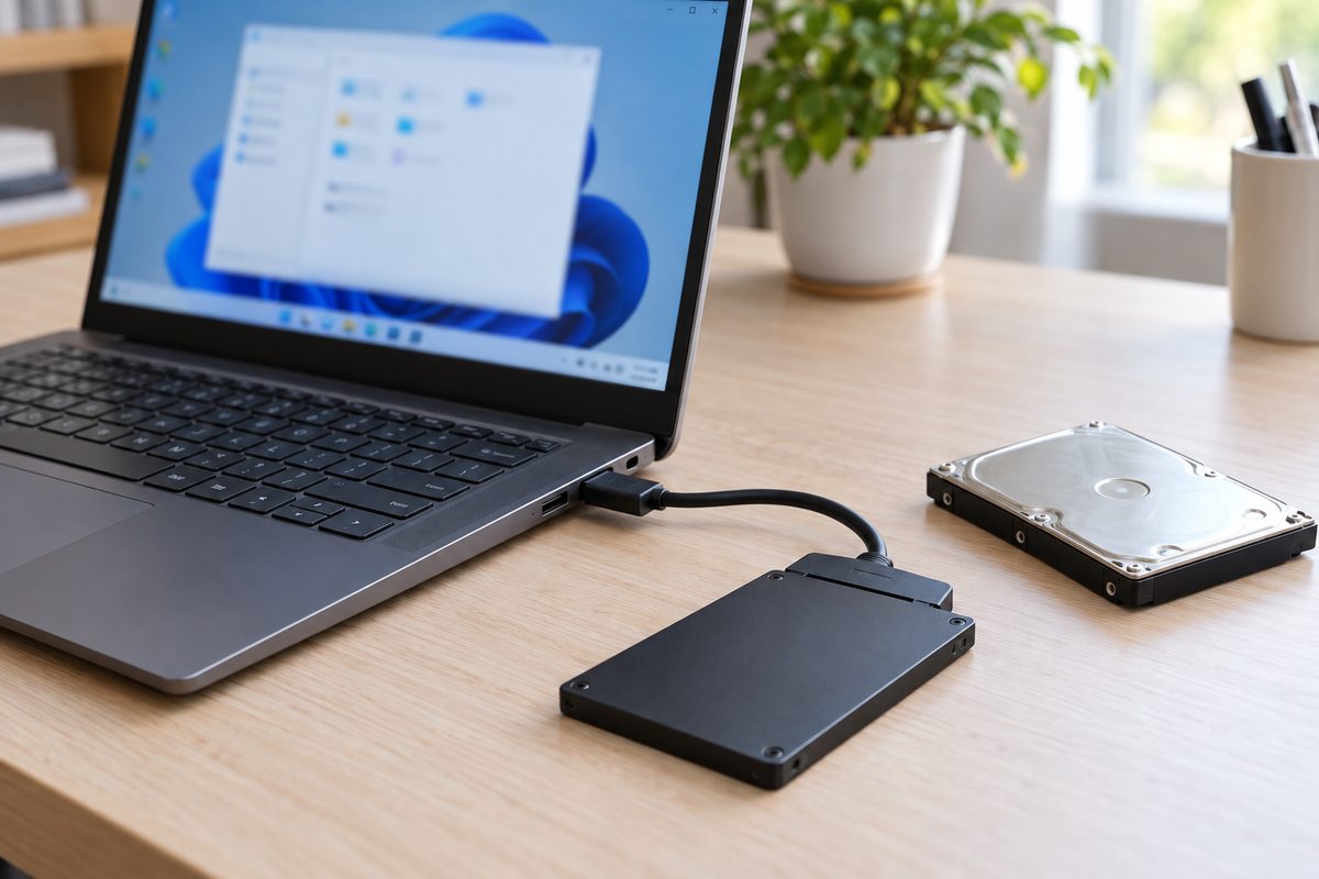 Ноутбук и внешний SSD, подключённый через переходник SATA-USB