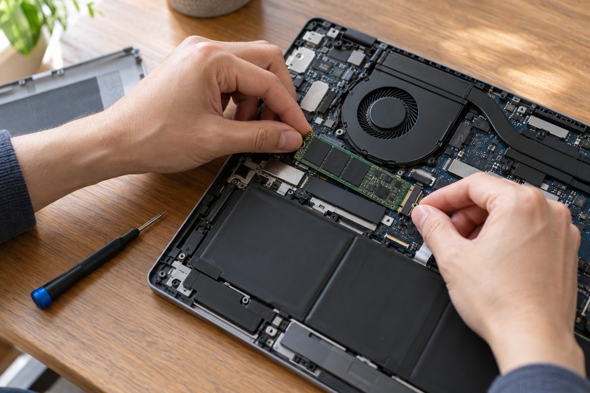 Руки устанавливают SSD формата M.2 в открытый ноутбук