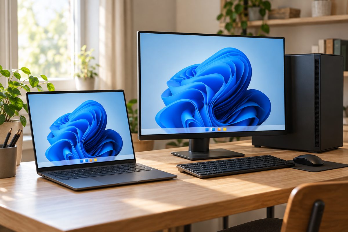Ноутбук и системный блок с монитором на рабочем столе, на экранах Windows 11