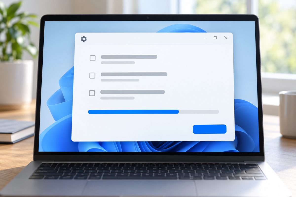 Схематичное окно обновления Windows 11 с полосой загрузки и значком шестерёнки