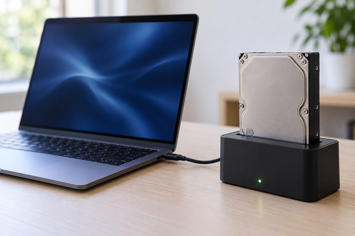 Жёсткий диск в USB-док-станции рядом с ноутбуком