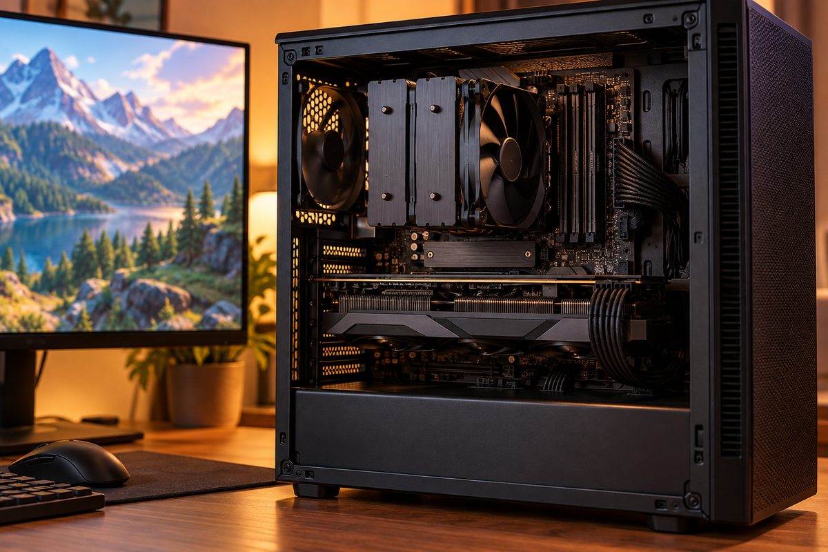 Игровой компьютер с открытой боковой панелью: SSD M.2 под радиатором на материнской плате