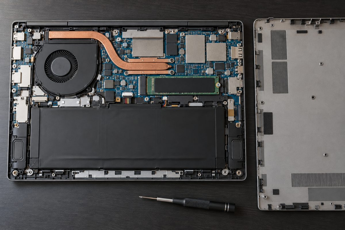 Ноутбук со снятой нижней крышкой: в слоте M.2 установлен SSD
