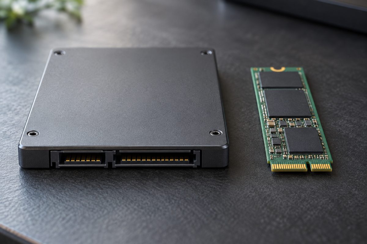 SATA SSD 2,5 дюйма и SSD формата M.2 2280 рядом на столе