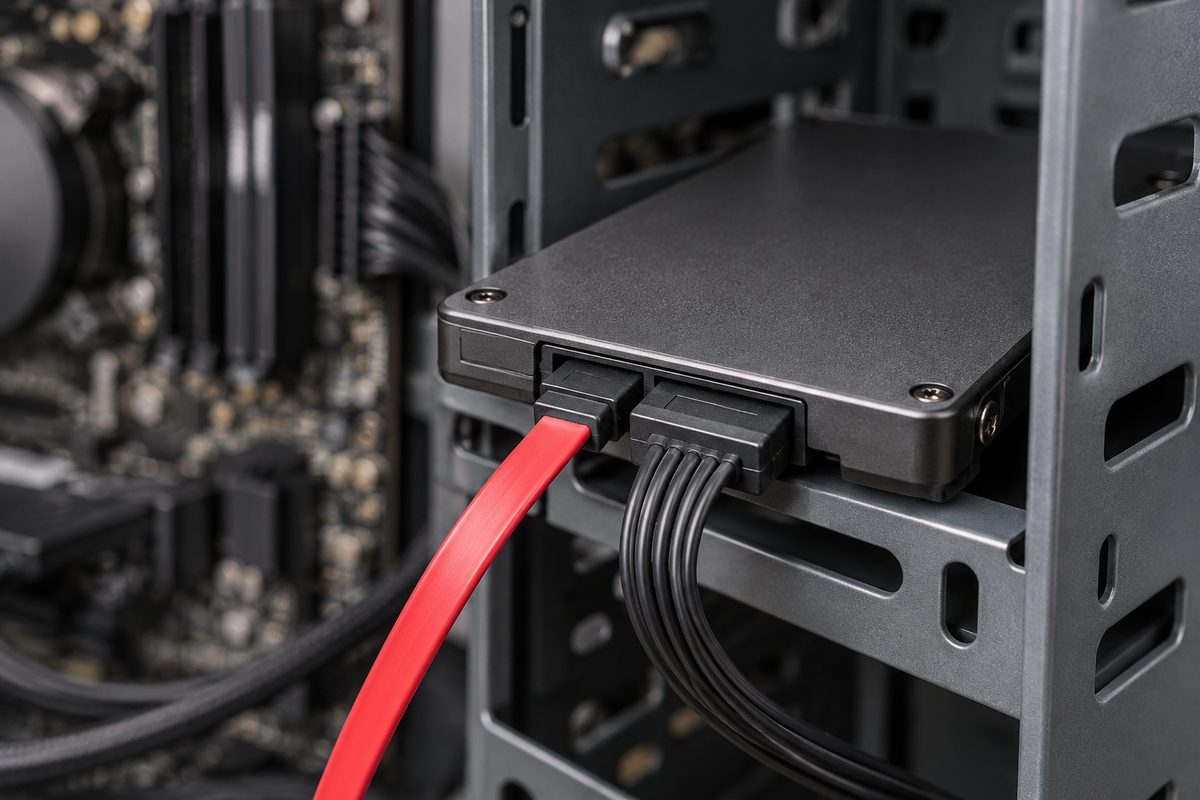 Открытый системный блок: SSD 2,5 дюйма с подключёнными кабелями SATA в отсеке корпуса
