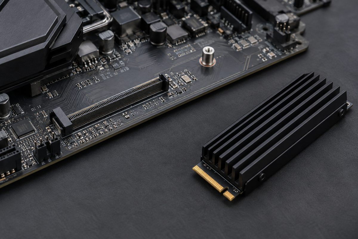 SSD формата M.2 с собственным радиатором рядом с пустым слотом M.2 на материнской плате