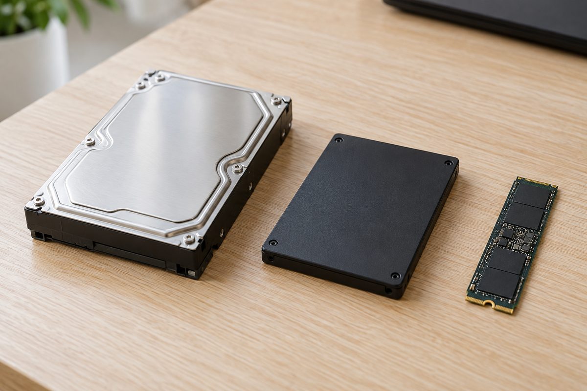 Жёсткий диск 3,5 дюйма, SATA SSD 2,5 дюйма и SSD формата M.2 на столе