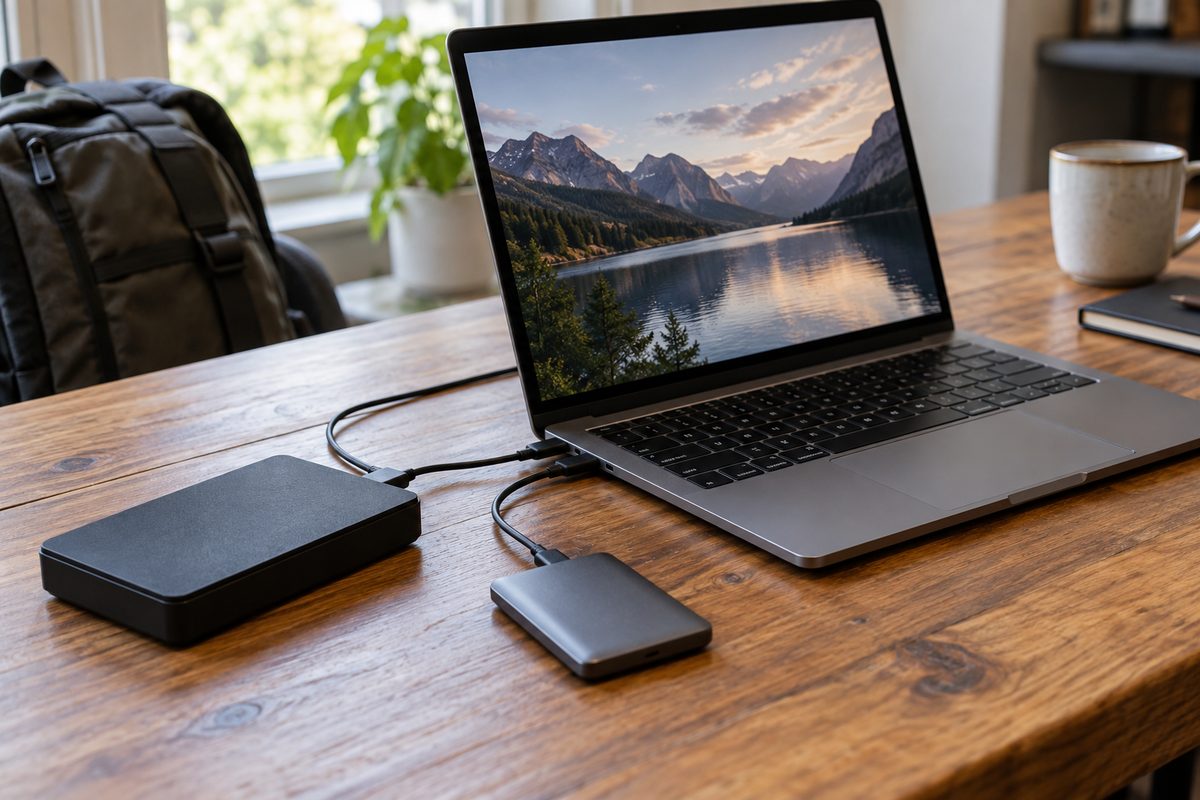 Внешний жёсткий диск и портативный SSD рядом с ноутбуком на столе